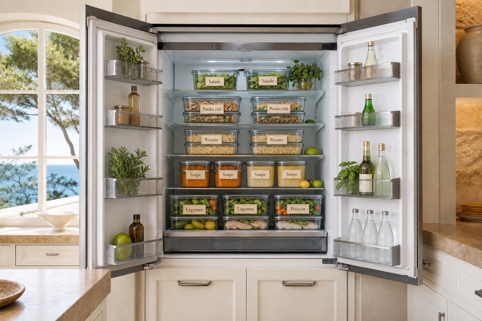 Refrigerator stocked with labelled glass meal containers after a private chef fridge-fill visit