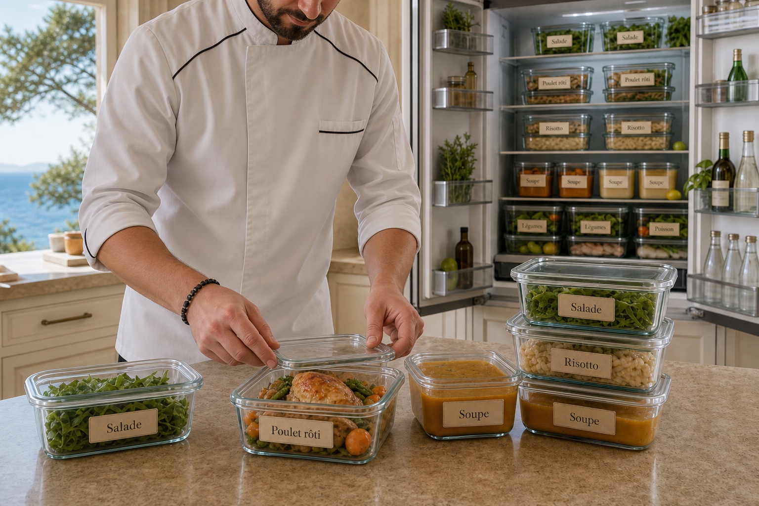 Private chef packing labelled glass meal containers in a home kitchen, with the fridge open behind